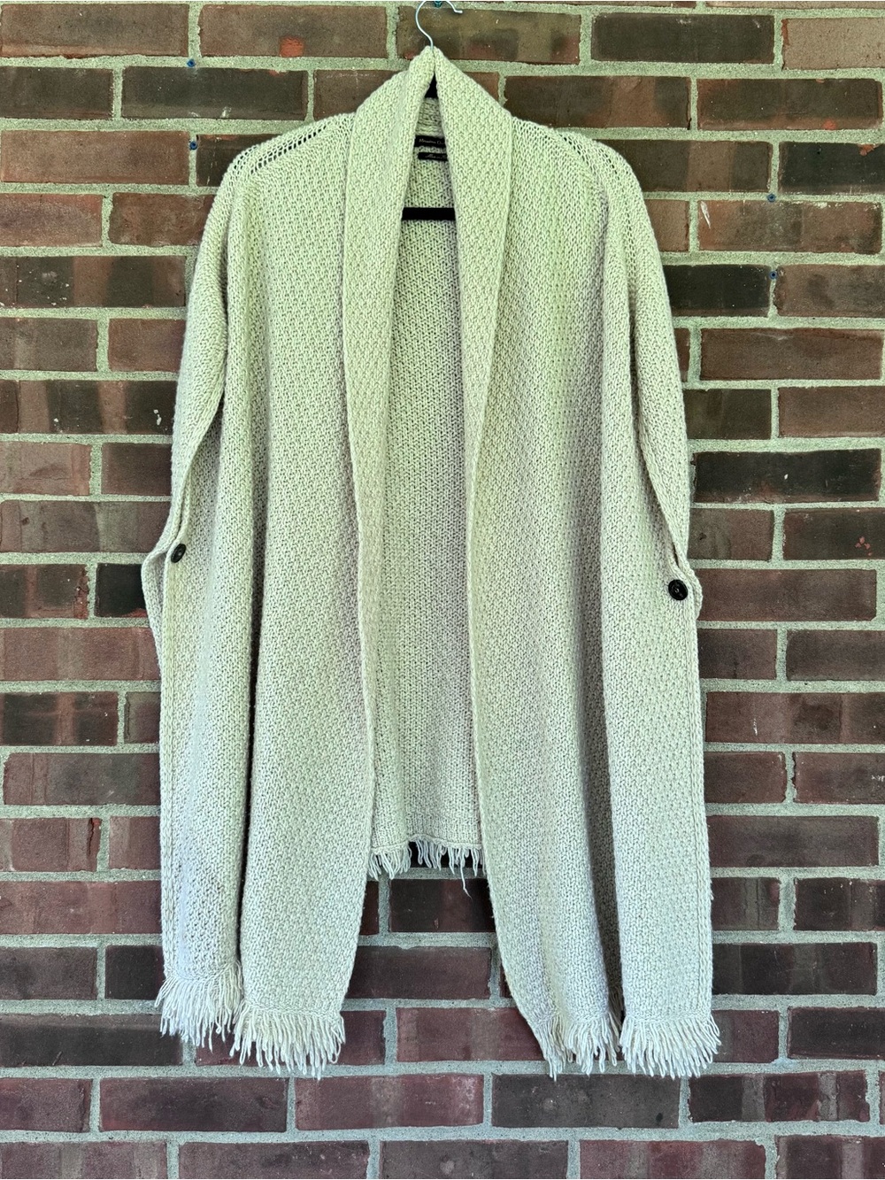 Massimo Dutti Made in Italy Wool Blend Fringe Cardigan Shawl Wrap Beige Women XS
